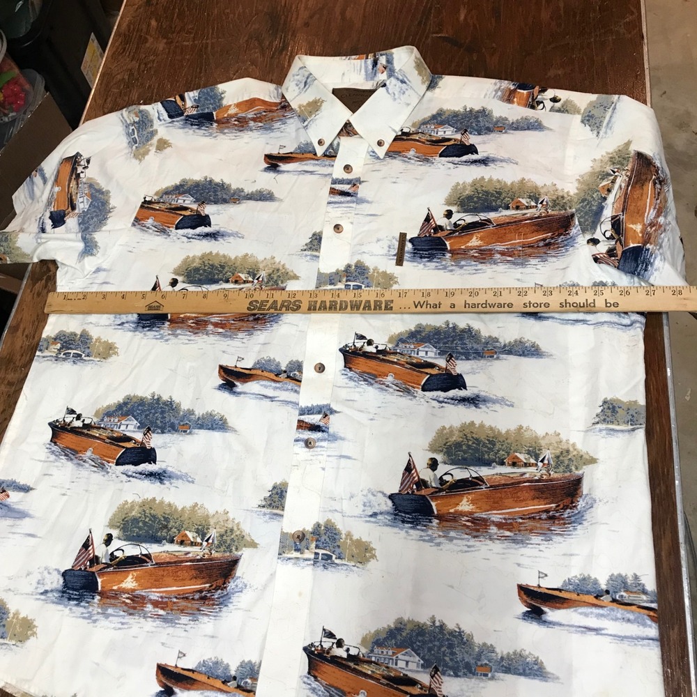 Clearwater Outfitters Mens XL White Wooden Boat Print Short Sleeve Button Down - Picture 3 of 12